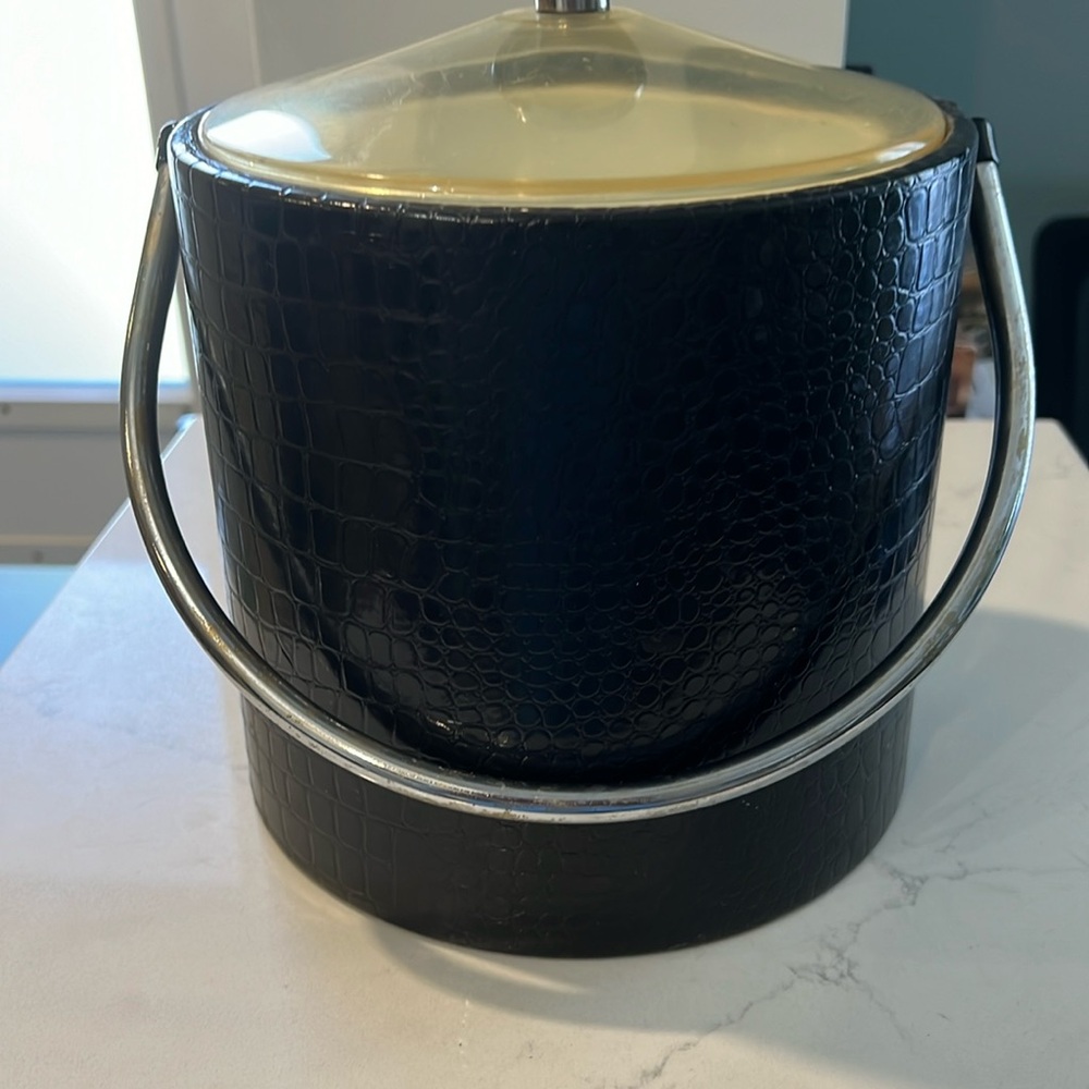 Vintage Modern Shelton Designs Black faux leather and White Lucite Ice bucket